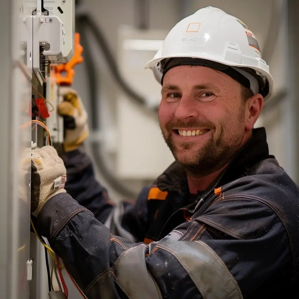 lächelnder Elektriker, der Leistungsschalter repariert